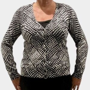 Talbots Women's Black and White Print Button Front Cardigan‎ Sweater